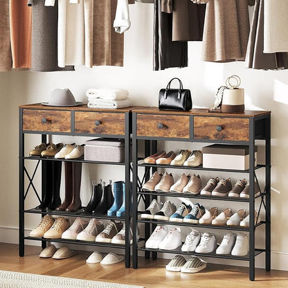 5 Tier Shoe Rack, Large Capacity Shoe Storage Organizer, Metal Shoe Shelf with Drawer and Wooden Top, for 20 Pairs of Shoes, for Entryway, Closet, Rustic Brown and Black SS25BRY1N1