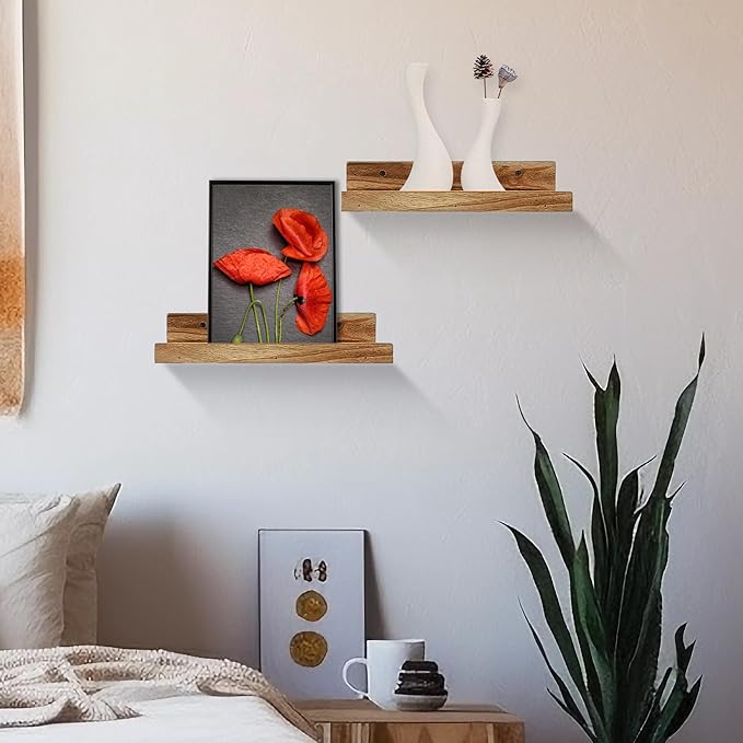 Z metnal Mini Floating Shelves, Small Natural Wooden Display Wall Shelf for Picture Ledge, Natural Color, Wall Mounted, 12 x 5.5inch, 2 Pack