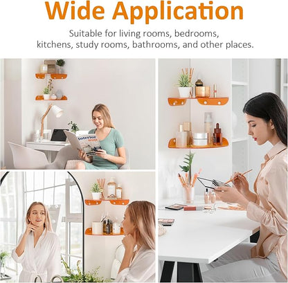 9.5x9.5 Inch Acrylic Corner Floating Shelf Set of 2, Orange Corner Wall Shelf for Home Décor, Speakers, Security Cameras, Toileries, Plants, Figures, Cosmetics, Books