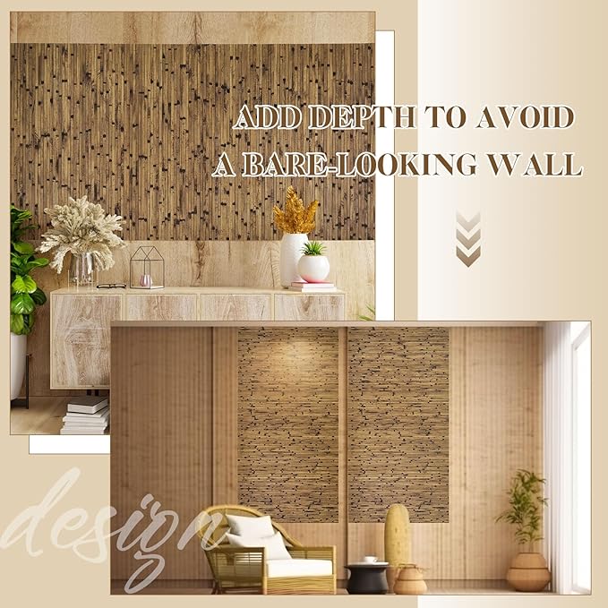 Juexica 2 Pcs Natural Bamboo Wall Panel for Interior Wall 48''x96'' Bamboo Covering Renewable Pole Wainscoting Room Divider Wrap Decor for Bedroom Living Room Kitchen Island Office (Dark Burned)