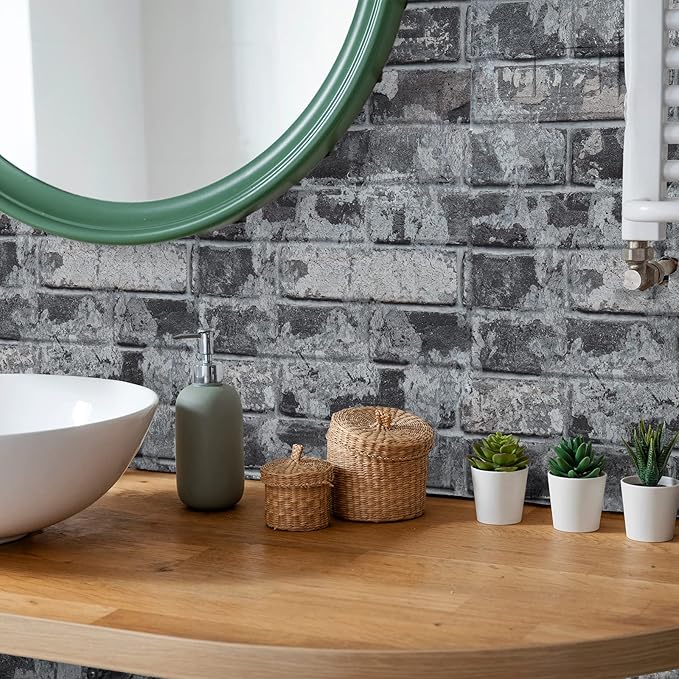 VEELIKE 15.7''x118'' Grey Brick Wallpaper Peel and Stick 3D Textured Faux Brick Wall Paper Self Adhesive Removable Waterproof Rustic Brick Contact Paper for Walls Bedroom Backsplash Cabinet Backdrop