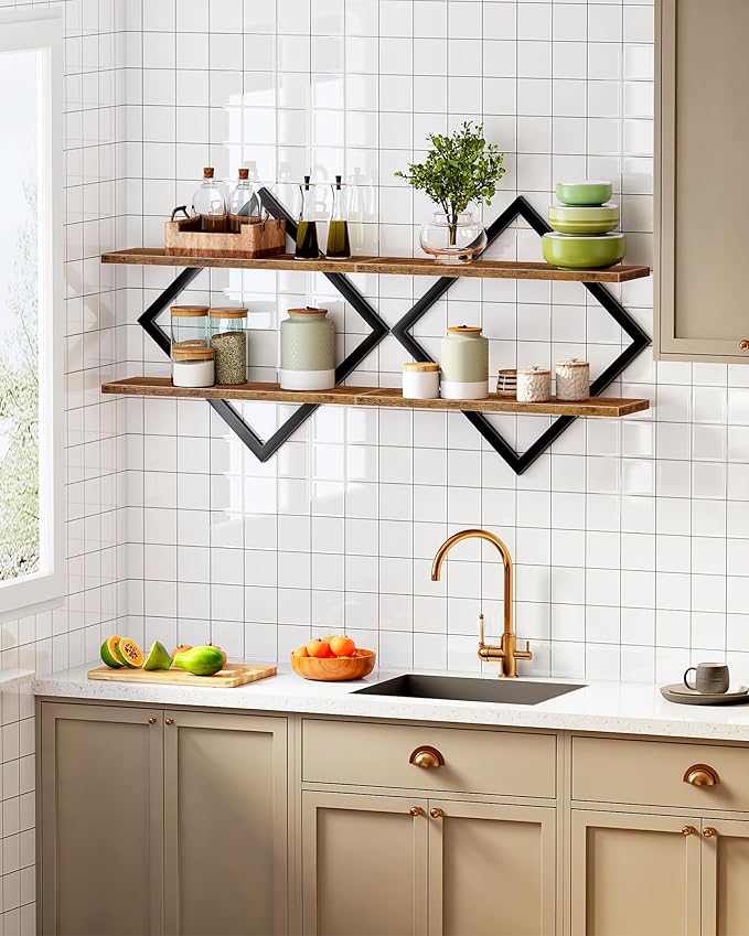 Floating Shelves, Set of 2 Wall Shelves, 2-Tier Hanging Shelves, Wall Shelf Set of 2, Wall Mounted Shelves, for Living Room, Bedroom, Kitchen, Office, Study, Rustic Brown TBJ01P2BF
