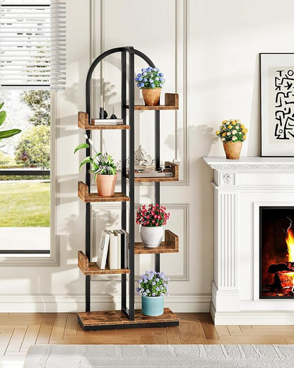Corner Bookshelf, Curved 6-Tier Bookcase with Anti-Tip Kit, Adjustable Feet and Staggered Shelves for Living Room, Bedroom, Study, Office, Rustic Brown and Black TSJ06BF