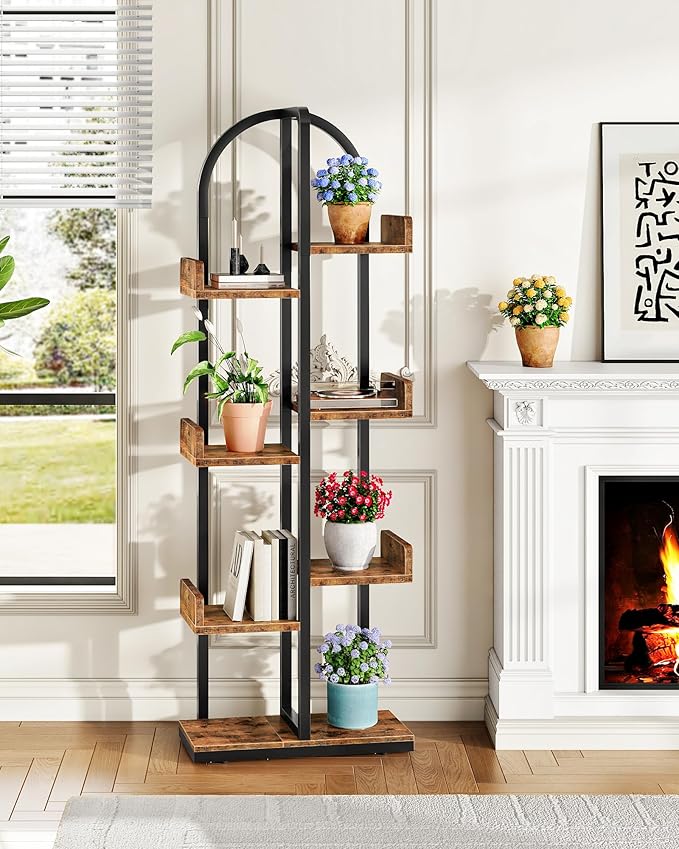 Corner Bookshelf, Curved 6-Tier Bookcase with Anti-Tip Kit, Adjustable Feet and Staggered Shelves for Living Room, Bedroom, Study, Office, Rustic Brown and Black TSJ06BF