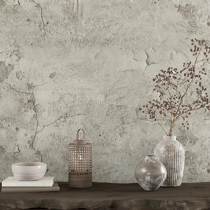 VEELIKE Cracked Beige Concrete Wallpaper Peel and Stick Textured Cement Wallpaper for Bedroom Bathroom 24''x118'' Removable Limewash Wall Paper Self Adhesive Concrete Contact Paper for Wall Countertop