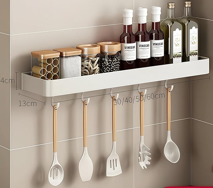 SEIDO Space-Saving Kitchen Utensil Holder | No-Drill Shelf Organizer | Wall Mount Spice Rack with Hooks | Space Aluminum | 24 Inch Long | White