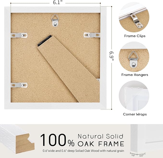 puthiac 6x6 Solid Oak Wood Picture Frame, Fits 4x4 with Mat or 6x6 Without Mat, Wall or Tabletop Display with Stand, Plexi Front, 1 Pack, White