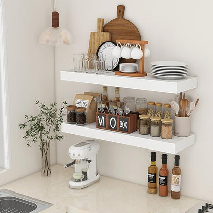 Deep Floating Shelves | 36 Inch White Floating Shelves Set of 2 | 12 Inch Deep Rustic Wood Shelves for Wall | 36" W x 12" D White Shelves for Living Room Bathroom Laundry Room Kitchen