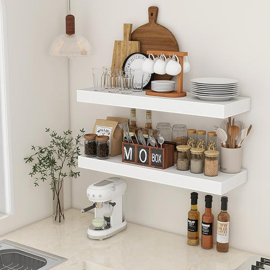 Deep Floating Shelves | 36 Inch White Floating Shelves Set of 2 | 12 Inch Deep Rustic Wood Shelves for Wall | 36" W x 12" D White Shelves for Living Room Bathroom Laundry Room Kitchen