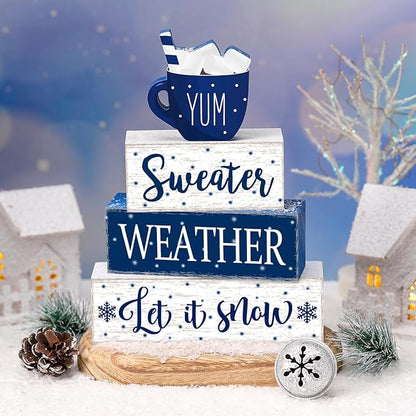 Marsui 4 Pcs Winter Wooden Tabletop Let It Snow Tiered Tray Decor Snowflakes Decorative Wood Block Sign Gift Farmhouse Christmas Table Centerpiece for Home Indoor Holiday