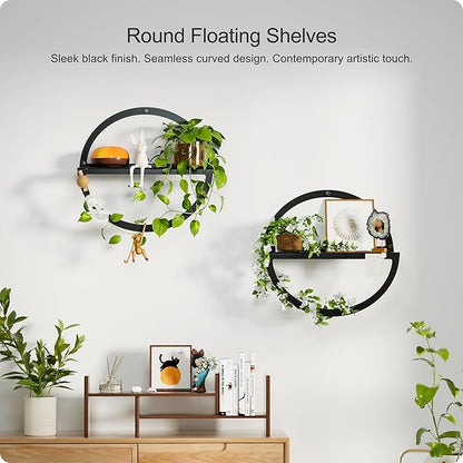 Round Floating Shelves for Wall, Modern Circular Mounted Corner Displays in Black Metal for Living Room, Bedroom & Bathroom – Unique Hanging Decor & Storage, Set of 2
