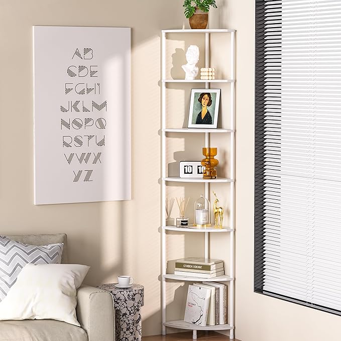 7 Tier Corner Shelf Stand Kitchen Organizer with Metal Frame for Organization & Storage Corner Shelves Kitchen Decor Accessories Marble White 64.7
