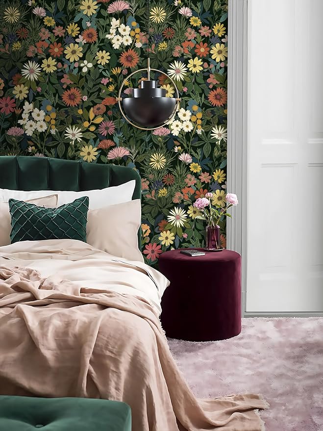 Peel and Stick Wallpaper Boho Wall Paper Removable Green Floral Contact Paper for Bedroom, Bathroom, Kitchen 17.3“ x 118”