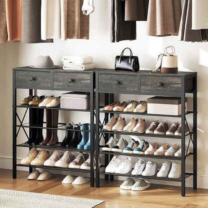 5 Tier Shoe Rack, Large Capacity Shoe Storage Organizer, Metal Shoe Shelf with Drawer and Wooden Top, for 20 Pairs of Shoes, for Entryway, Closet, Charcoal and Black SS25BCY1