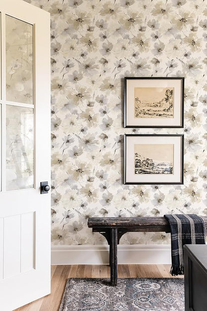 Floral Peel and Stick Wallpaper, Beige Yellow Watercolor Flower Contact Paper Peel and Stick for Bedroom Bathroom, Vintage Removable Waterproof Self Adhesive Wall Paper 240 x 17.3in, 28.84 sq.ft