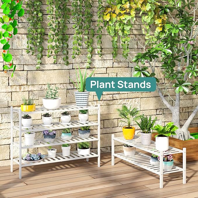 Long Shoe Rack for Entryway,Shoe Organizer for Hallway Closet, Bamboo Wood Shoe Racks for Indoor Outdoor (White, 2-Tier Long)