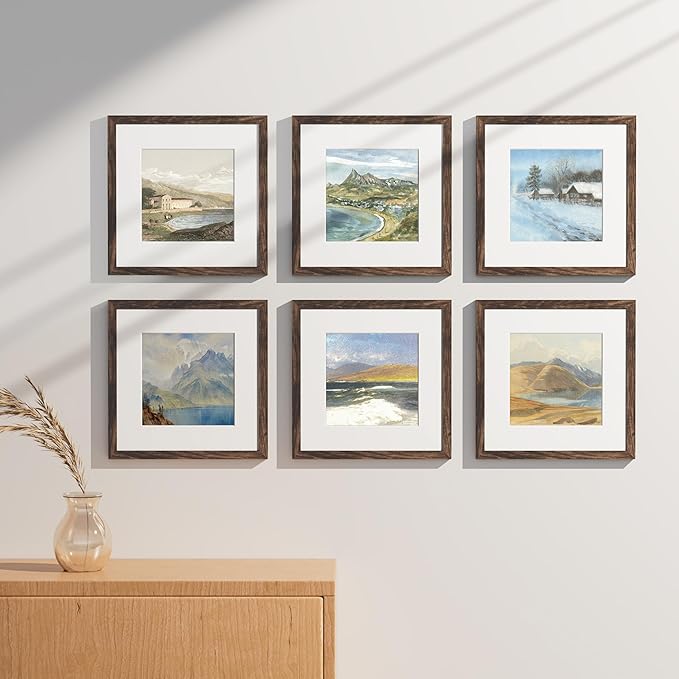 Vittanly 12x12 Picture Frames Set of 9, Shatter Resistant Plexiglass, Display 8x8 Pictures with Mat or 12x12 without Mat, Photo Frames for Wall Mount, Engineered Wood, Brown