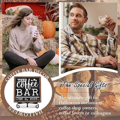 Farmhouse Coffee Bar Decor, Open Time Wooden Signs for Home Office Desk Shelf, Rustic Tabletop Centerpieces for Kitchen Accessories - A05