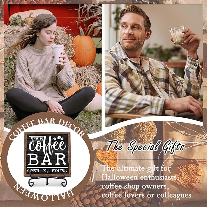 Farmhouse Coffee Bar Decor, Open Time Wooden Signs for Home Office Desk Shelf, Rustic Tabletop Centerpieces for Kitchen Accessories - A05