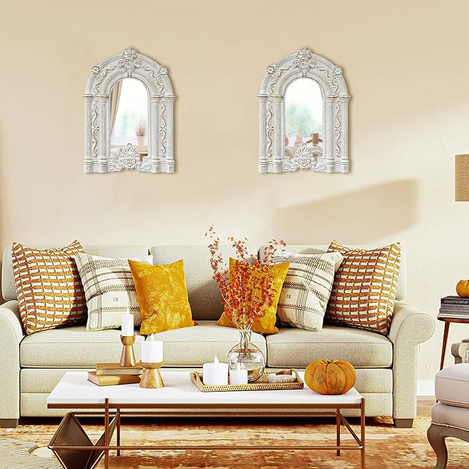 ZEXUIRU 2PCS Arched Window Wall Mirror,Rustic Farmhouse Accent Mirror, Wood Framed Entry Wall Decoration for Living Room,Bathroom,Bedroom,Kitchen,14.5x10.6 Inches