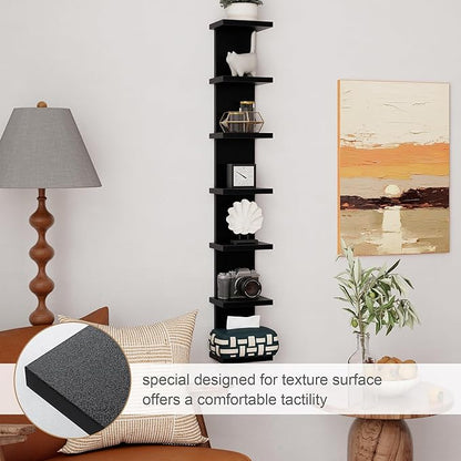 Fun Memories 7 Tier Wall Shelf Unit, Black Floating Shelves for Storage - Vertical Column Tower Design, Lack Wall Shelf Space Saving Organizer for Bedroom, Living Room, Home Decor