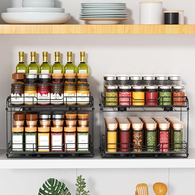 RCHYFEED Spice Rack Organizer for Cabinet, 2 Tier Slide out Spice Organization for Inside Cabinets & Pantry, Heavy Duty Adjustable Metal Spice Racks for Seasoning Organizer (13.5