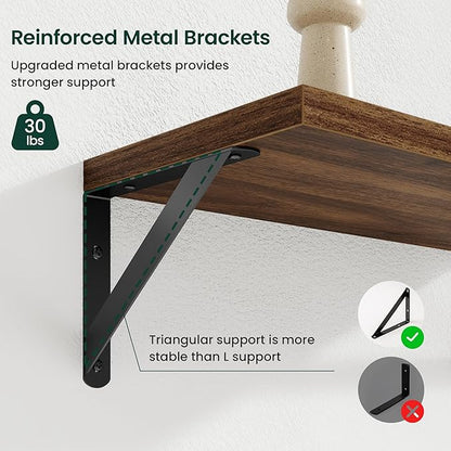 Floating Shelves, 8 Inch Deep Rustic Wood Wall Storage, 16W x 8D Wall Shelves Set of 2, Heavy Duty Metal Brackets, Industrial Book Shelf for Living Room, Kitchen, Bathroom, Bedroom, Walnut
