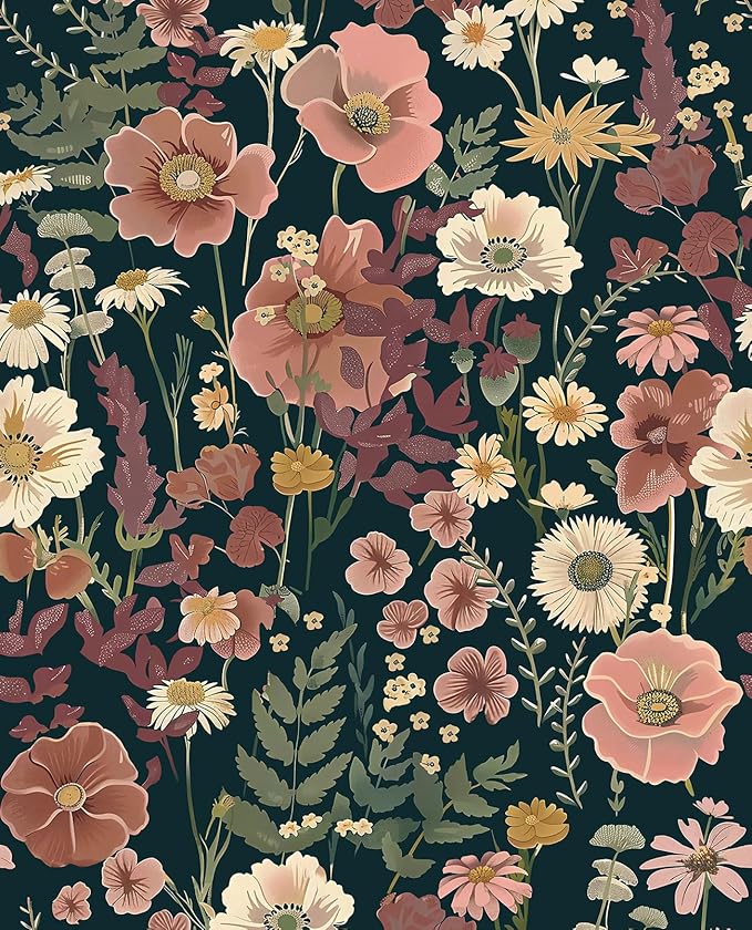 EchoSphere 16.9in x 197in Floral Peel and Stick Wallpaper Boho Vintage Floral Wall Paper Removable Flower and Leaf Contact Paper Self Adhesive Decorative Wallpaper for Cabinets Accent Wall Covering