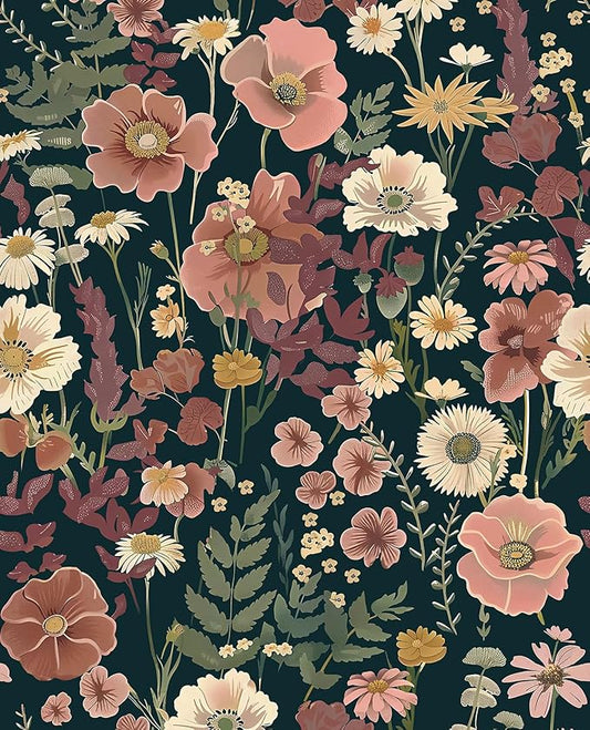 EchoSphere 16.9in x 197in Floral Peel and Stick Wallpaper Boho Vintage Floral Wall Paper Removable Flower and Leaf Contact Paper Self Adhesive Decorative Wallpaper for Cabinets Accent Wall Covering
