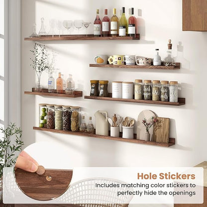 Fun Memories Picture Ledge Shelves Set of 2, 48 Inch Rustic Wall Mounted Floating Shelves with Lip for Home Storage and Décor in Bathroom, Kitchen, Nursery, Bedroom, Living Room, Walnut