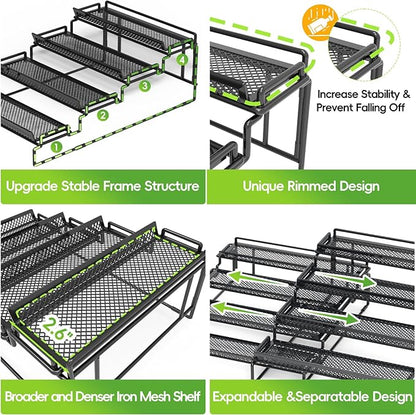 4 Tier Adjustable Spice Rack Organizer for Cabinet - Black (2 PCS S&L) Expandable Spice Shelf with Protection Railing for Inside Cabinets, Countertop, Pantry Storage & Seasoning Organization