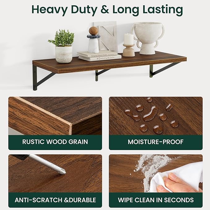 Floating Shelves, 12 Inch Deep Rustic Wood Wall Storage, 36W x 12D Wall Shelves Set of 2, Heavy Duty Metal Brackets, Large Industrial Book Shelf for Living Room, Kitchen, Bedroom, Walnut