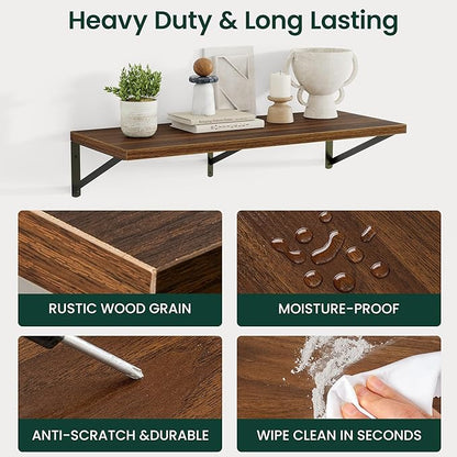 Floating Shelves, 12 Inch Deep Rustic Wood Wall Storage, 36W x 12D Wall Shelves Set of 2, Heavy Duty Metal Brackets, Large Industrial Book Shelf for Living Room, Kitchen, Bedroom, Walnut