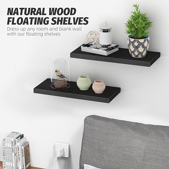 Floating Shelves (Set of 2) – Wall Mounted Shelves for Home Décor and Storage, Natural Pine Wood, Suitable for Living Room and Bedroom (Black, 15.7" x 5.7" x 1.0")