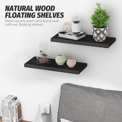Floating Shelves (Set of 2) – Wall Mounted Shelves for Home Décor and Storage, Natural Pine Wood, Suitable for Living Room and Bedroom (Black, 15.7" x 5.7" x 1.0")