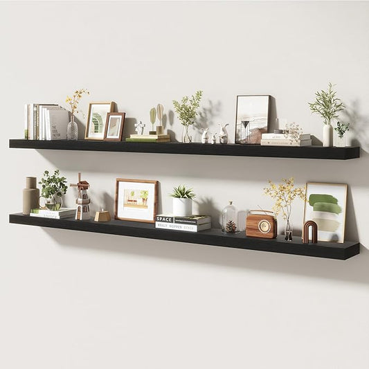 72 Inch Floating Shelves | 6.5 Inch Deep Black Floating Shelves Set of 2 | 72" W x 6.5" D Rustic Black Wood Wall Shelves with Invisible Brackets for Bathroom Living Room Bedroom