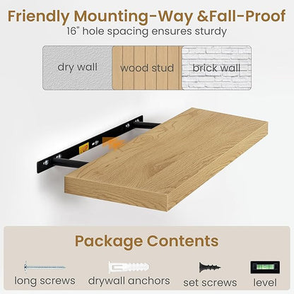 Fun Memories Floating Shelves 24 Inch Long, 9.3 Inch Deep Floating Shelf for Lving Room, Bedoom, Kitchen, Deep Wall Shelves for Bathroom, 2 Pack Storage Display Shelf for Books, Decors, Oak