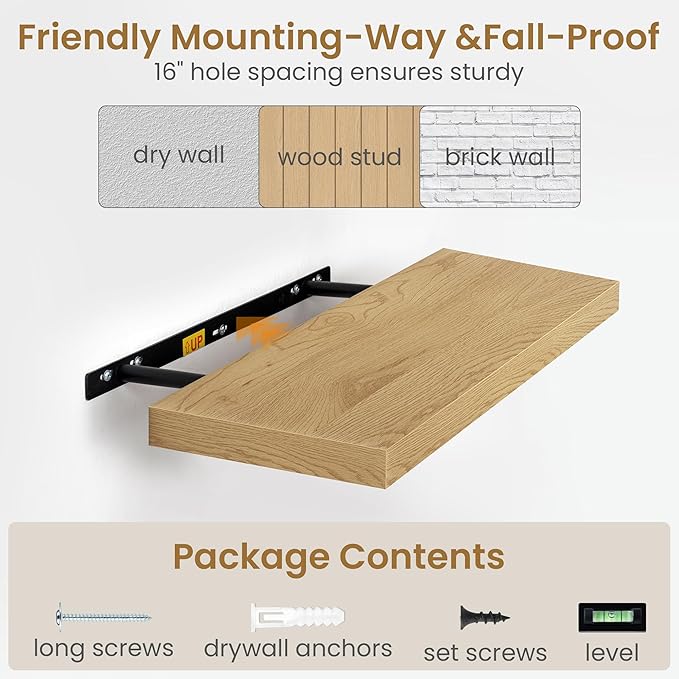 Fun Memories 48 Inch Floating Shelves, 9.3 Inch Deep Wall Shelves for Bathroom, Living Room, Bedroom, Kitchen, Deep Long Shelf Wall Mounted 2 Pack Shelf for Books, Decor, Oak