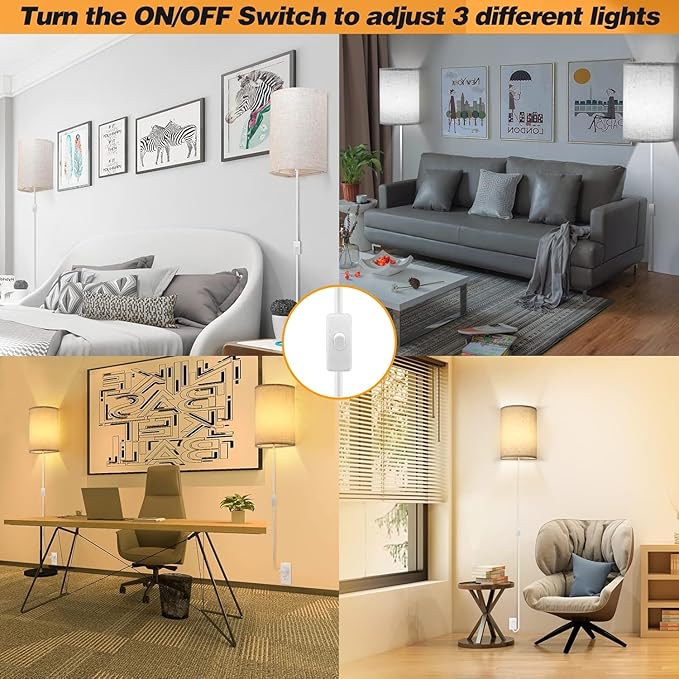 Plug in Wall Sconce, 3 Color Wall Sconces Set of Two, Industrial Lamp with Plug in Cord, Rustic Wall Sconce Fixture, On/Off Switch Vintage Wall Light Fixture for Headboard Bedroom Porch (Beige)