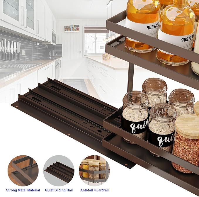 Pull Out Spice Rack Organizer for Cabinet, 2 Tier Metal Slide Out Seasoning Organizer and Storage Heavy Duty Vertical Spice Rack Shelf Pullout for Kitchen Cabinets No Drilling(1 Pack, Black)