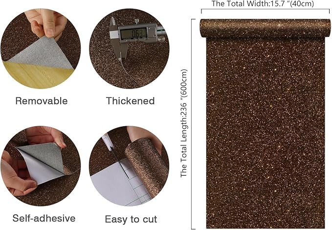 CHIHUT Dark Brown Glitter Wallpaper Peel and Stick Sparkle Glitter Contact Paper Self Adhesive Removable Brown Wallpaper for Bedroom Decorative Fabric Roll for Walls Cabinets Shelf Liner 15.7''x236''