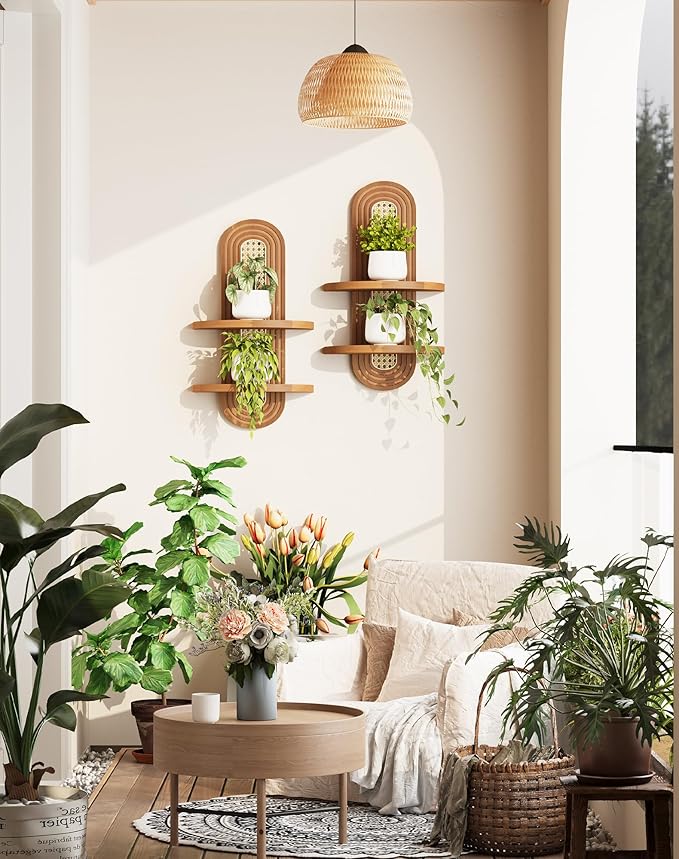 Floating Shelves for Wall,Boho Home Wall Decor,2-Tier Rattan Plant Shelf,Mid Century Hanging Small Decorative Shelf,Natural Wood Shelves for Living Room,Bedroom,House,Office,1-Pack (Walnut)