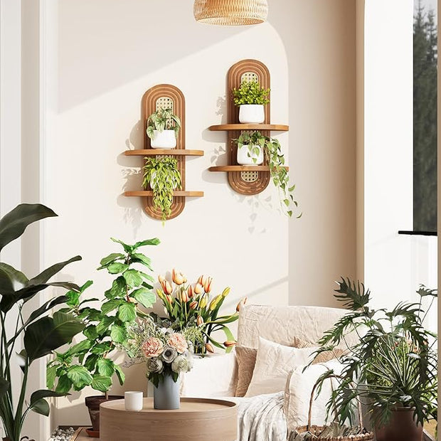Floating Shelves for Wall, Boho Home Wall Decor,2-Tier Rattan Plant Shelf, Mid Century Hanging Small Decorative Shelf,Natural Wood Shelves for Living Room,Bedroom,House,Office,2-Pack (Walnut)