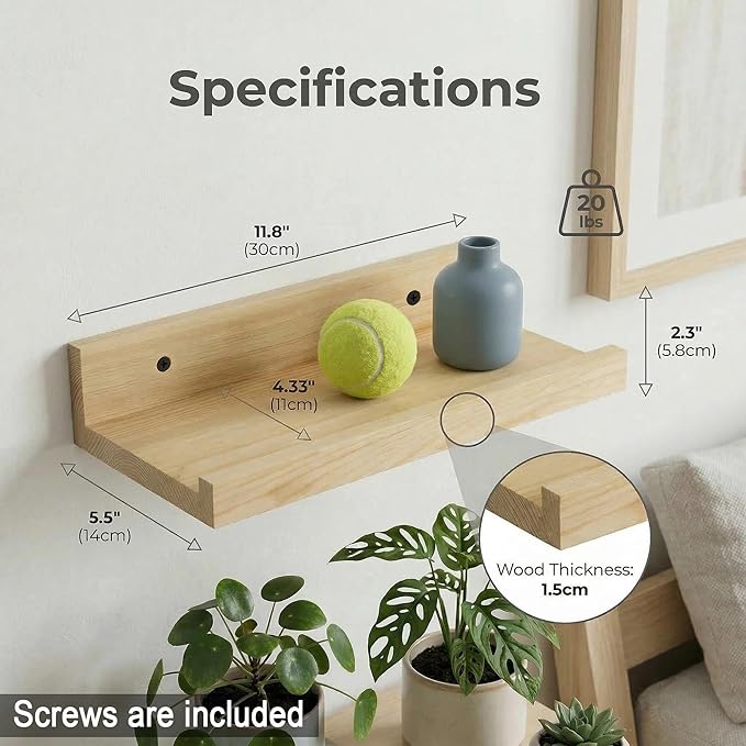 Z metnal Small Decor Shelves, Mini Floating Wooden Display Wall Shelf for Smart Speaker WiFi Collectables, Sauna Shelves, Wood, Wall Mounted, 12 x 5.5inch, 2 Pack