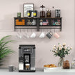 Helsin Industrial Wall Mounted Metal Wood Floating Shelves with Baskets Hooks Hanging Display Shelf Sundries Holder for Coffee Bar Kitchen Bathroom Organization and Home Decor, Black (16inch, 1 Set)