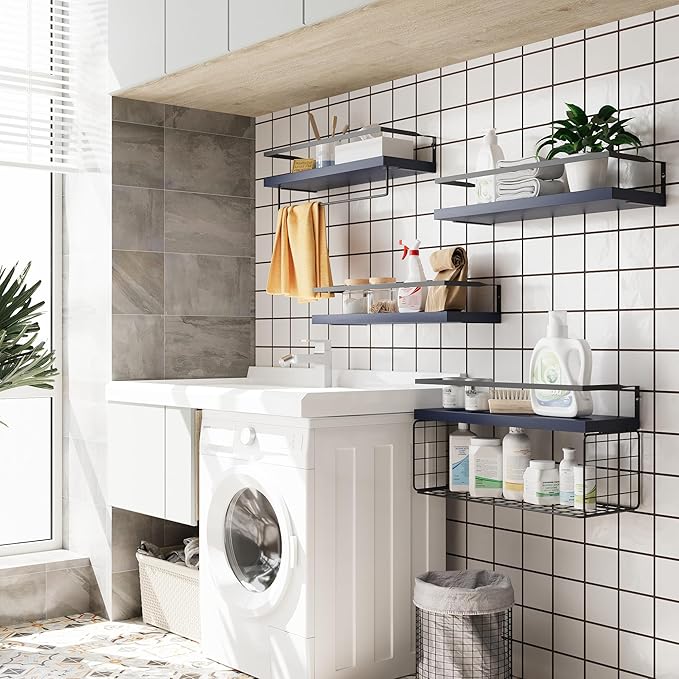 Wood Floating Shelves Wall Mounted - 4+1 Tier Rustic Bathroom Wall Shelves Over Toilet with Wire Storage Basket and Towel Bar, set of 4 Farmhouse Floating Shelf for Bathroom, Kitchen,Navy Blue.