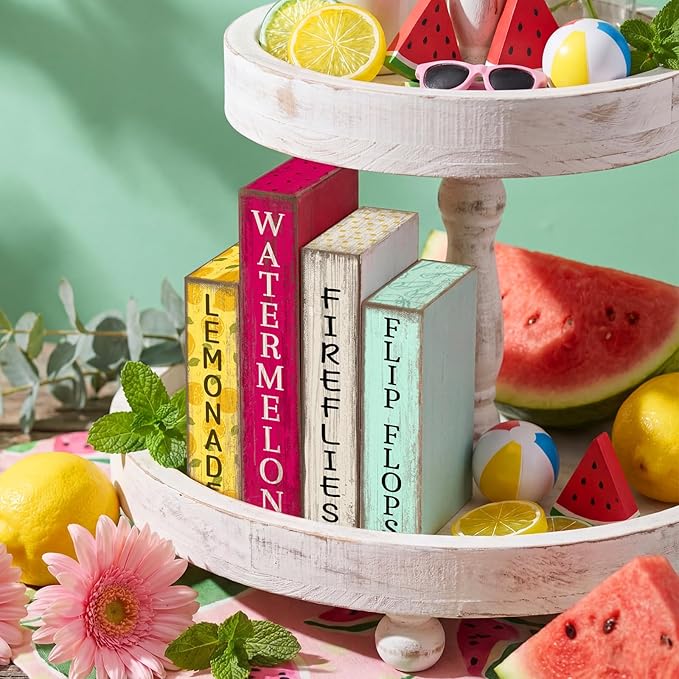 4 Pcs Summer Table Decoration Wooden Book Lemon Watermelon Wooden Sign Yellow and Red Summer Tiered Tray Decor Wood Book Sign Farmhouse for Home Shelf Coffee Table