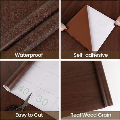 Abyssaly Wood Contact Paper, Red Brown Wood Peel and Stick Wallpaper, Self Adhesive Removable Wooden Look Grain Contact Paper for Cabinets Drawer Countertop 11.8" X 197"