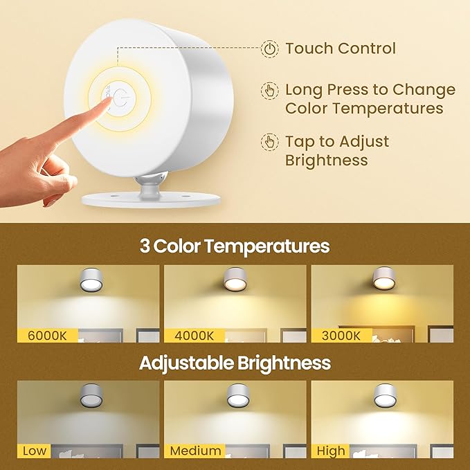 Wall Mounted Lamp LED Wall Lights with Rechargeable Battery Operated, 3 Color Temperatures & 3 Brightness Levels 360°Rotate Magnetic Ball, Cordless Sconces for Bedroom Reading Bedside,White-2 PACK
