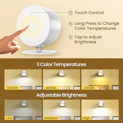 Wall Mounted Lamp LED Wall Lights with Rechargeable Battery Operated, 3 Color Temperatures & 3 Brightness Levels 360°Rotate Magnetic Ball, Cordless Sconces for Bedroom Reading Bedside,White-1 PACK